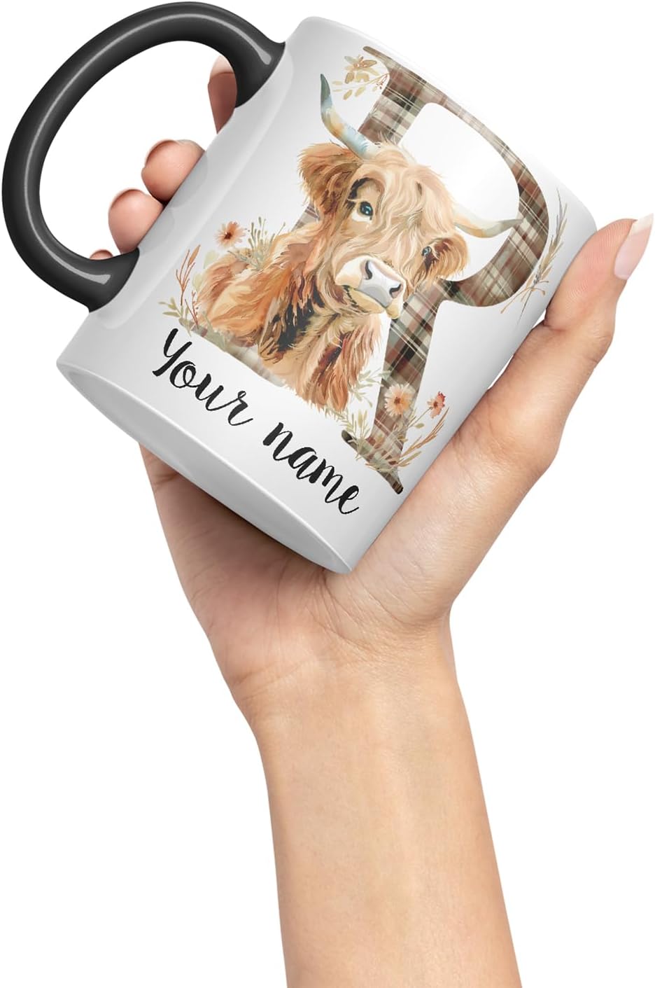 Vixar Personalised Highland Cow Initial Letter R Custom Name Mug – Coloured Ceramic Mug Cup Gift, 11oz (Black)