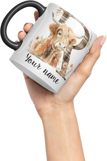 Vixar Personalised Highland Cow Initial Letter R Custom Name Mug – Coloured Ceramic Mug Cup Gift, 11oz (Black)