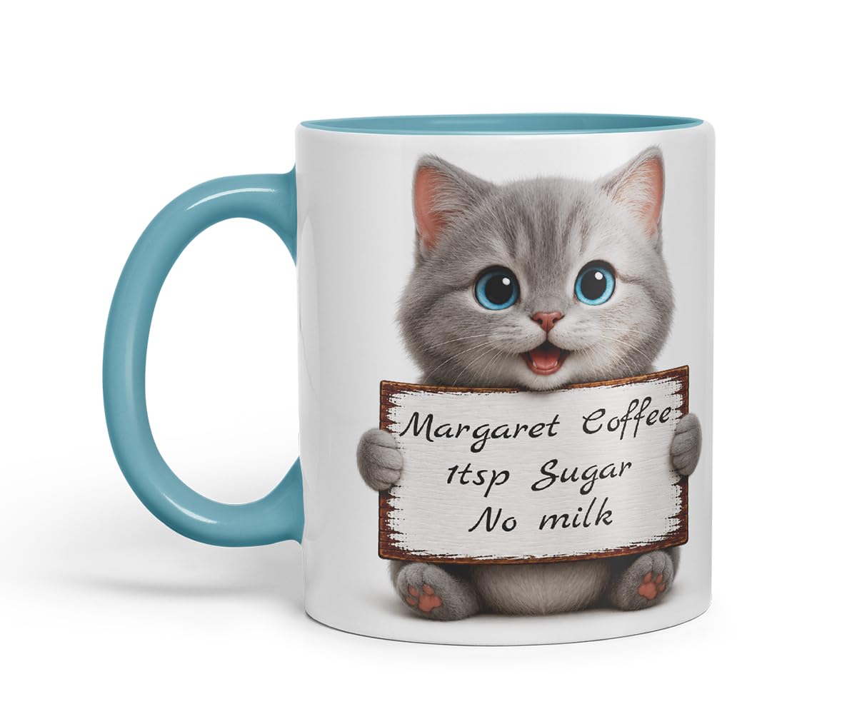 Vixar Personalised Grey Kitten Mug with Name or Custom Message – Cute Animal Coloured Ceramic Mug Cup Gift, 11oz (Black)