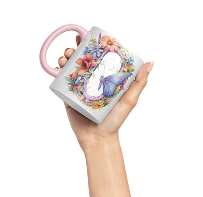 Letter O mug, Floral flowers butterfly Alphabet Letter O Monogram watercolour Ceramic Coloured Mug Cup for Tea Coffee Hot brew 330ml 11Oz Gift