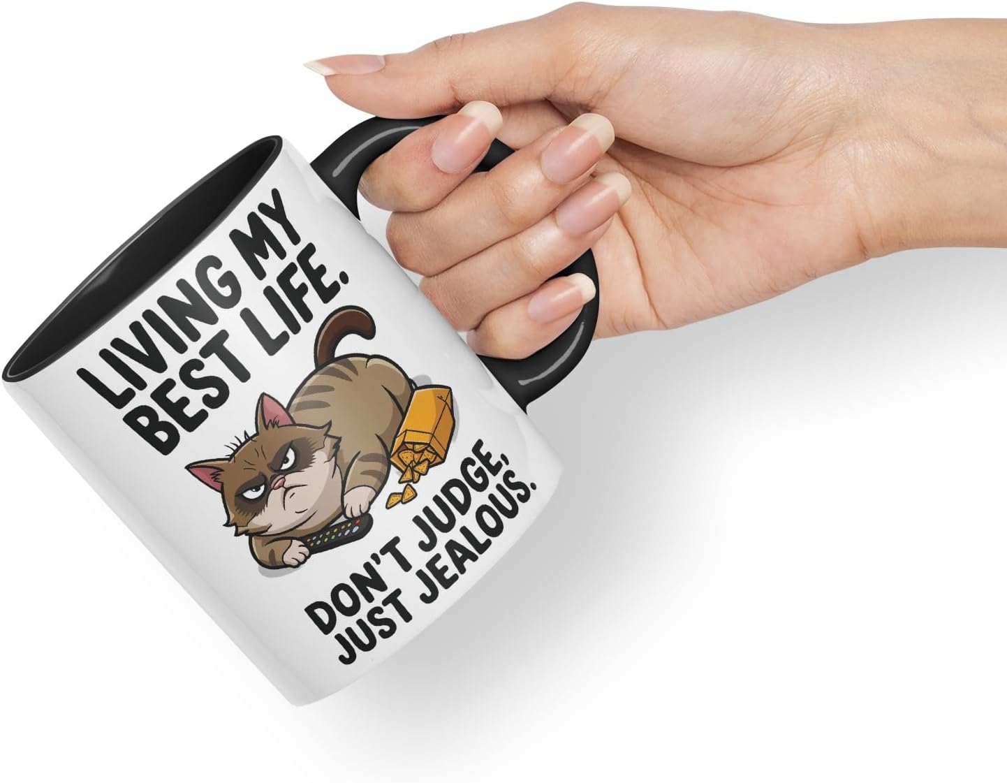 Living My Best Life Don’t Judge Cat Mug – Coloured Ceramic Mug Cup Gift, 11oz (Black)
