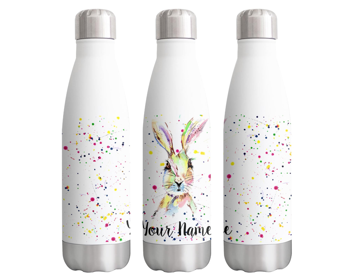 Vixar Hare Personalised Custom Bottle with your Text/name Watercolour Bunny Rabbit Pet Animals Bottle Double Wall Insulated Stainless Steel Sport Drinks 500ml