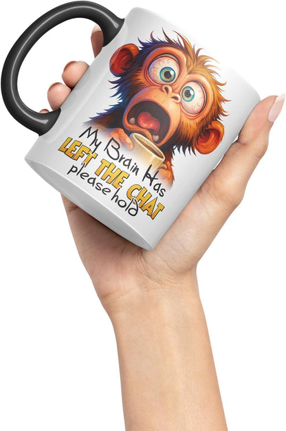 Vixar My Brain Has Left The Chat Please Hold Sarcastic Monkey – Coloured Ceramic Mug Cup Gift, 11oz (Black)