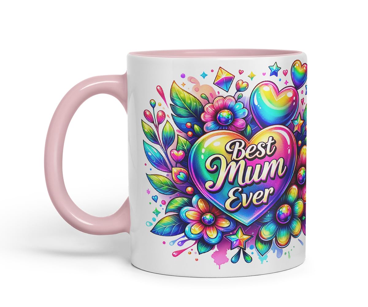 Vixar Best Mum Ever Rainbow Floral Mug – Coloured Ceramic Mug Cup Gift, 11oz (Black)