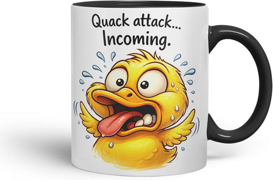 Vixar Quack Attack Incoming Funny Duck Mug – Coloured Ceramic Mug Cup Gift, 11oz (Black)