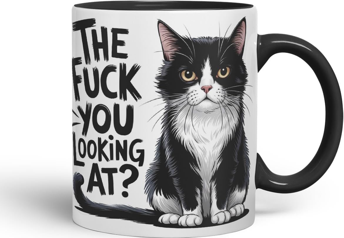 Vixar The F*** You Looking at? Sarcastic cat Coloured Ceramic Mug Cup Gift, 11oz (Black)