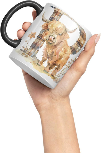 Vixar Highland Cow Alphabet Monogram Coloured Ceramic Cup Mug – Letter P – Rustic Farmhouse Animal Letter Gift – 11oz (Black)