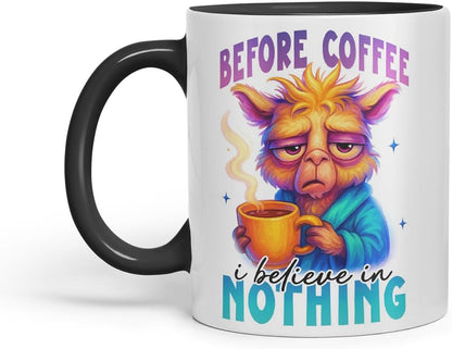 Vixar Before Coffee I Believe in Nothing Funny Llama Mug – Coloured Ceramic Mug Cup Gift, 11oz (Black)