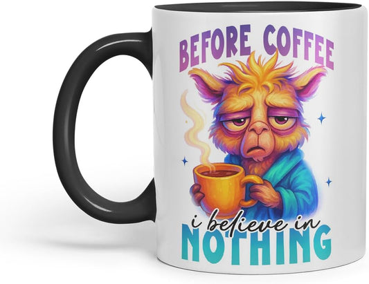 Vixar Before Coffee I Believe in Nothing Funny Llama Mug – Coloured Ceramic Mug Cup Gift, 11oz (Black)