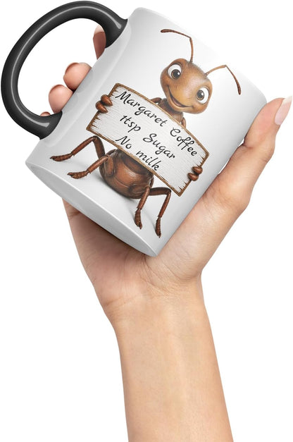 Vixar Personalised Ant Mug with Name or Custom Message – Cute Animal Coloured Ceramic Mug Cup Gift, 11oz (Black)