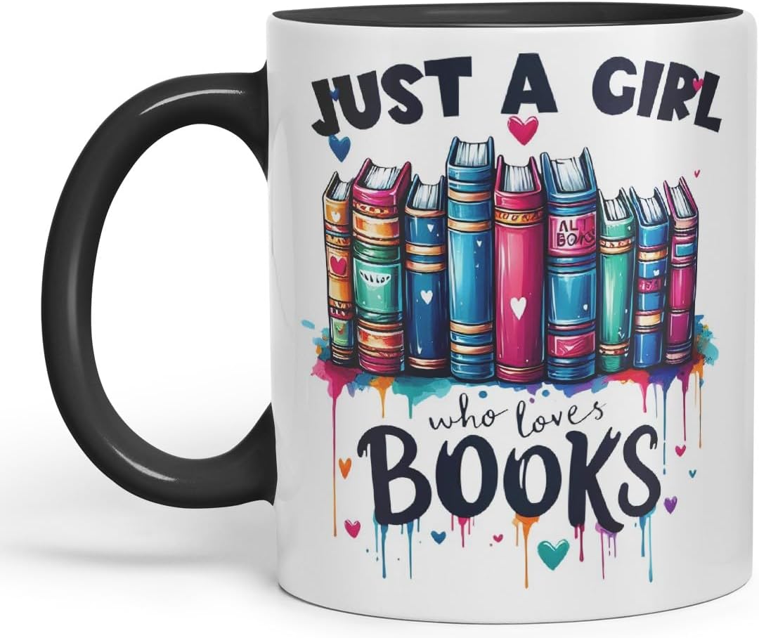 Vixar Just A Girl Who Loves Books Coloured Ceramic Mug Cup Gift, 11oz (Black)