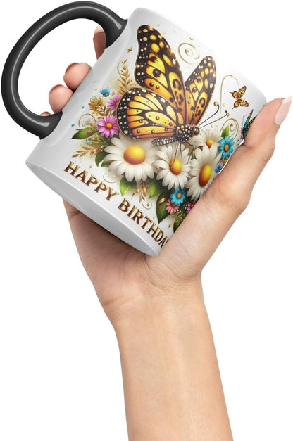 Vixar Happy Birthday Golden Butterfly Daisies Coloured Ceramic Mug Cup Gift 11oz V9 (Black)