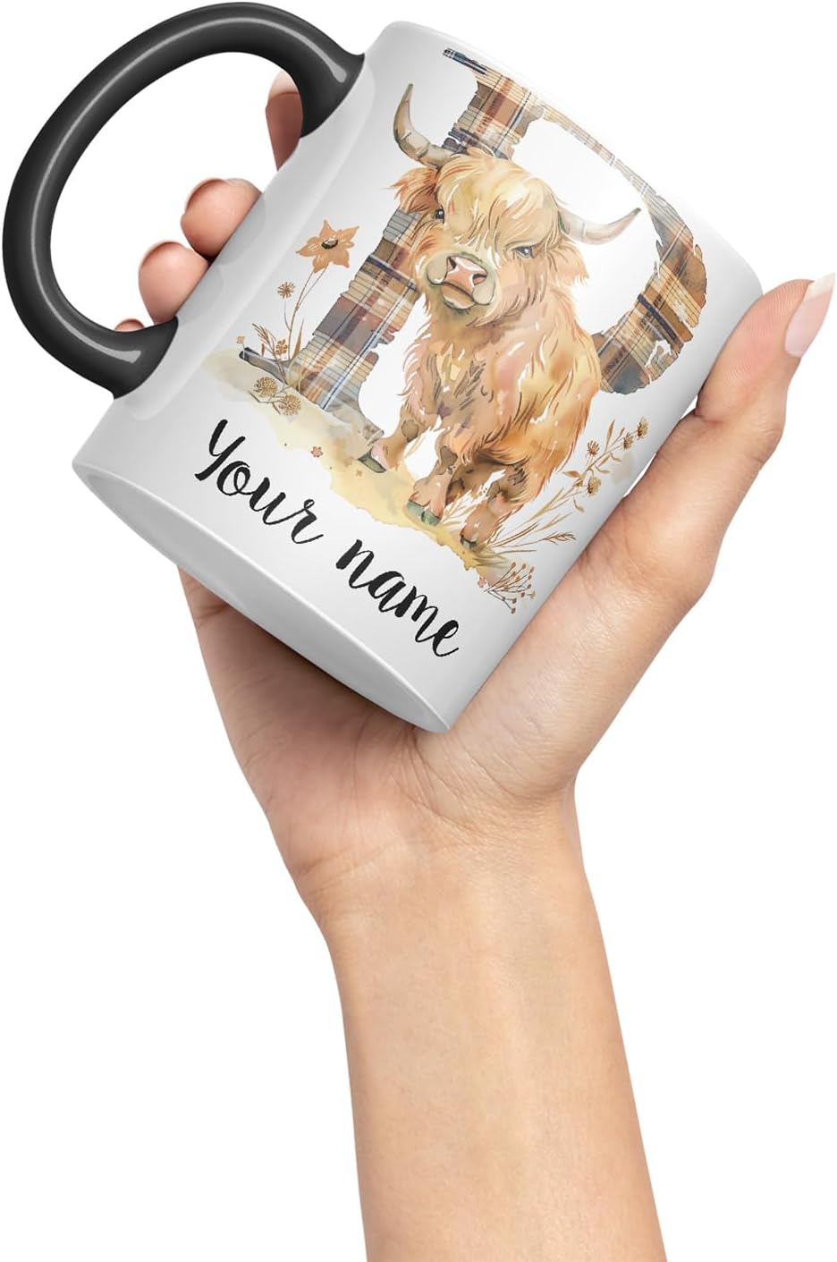 Vixar Personalised Highland Cow Initial Letter P Custom Name Mug – Coloured Ceramic Mug Cup Gift, 11oz