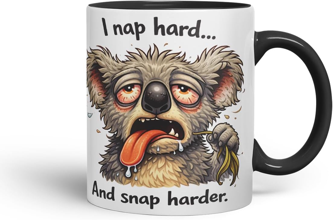 Vixar I Nap Hard and Snap Harder Funny Koala Mug – Coloured Ceramic Mug Cup Gift, 11oz (Black)
