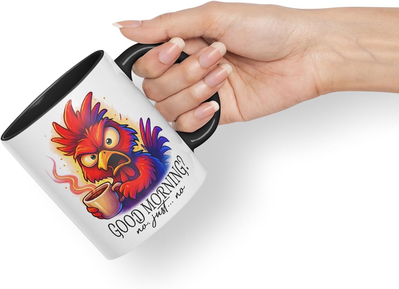 Vixar Good Morning No Just No Funny Chicken Mug – Coloured Ceramic Mug Cup Gift, 11oz (Black)