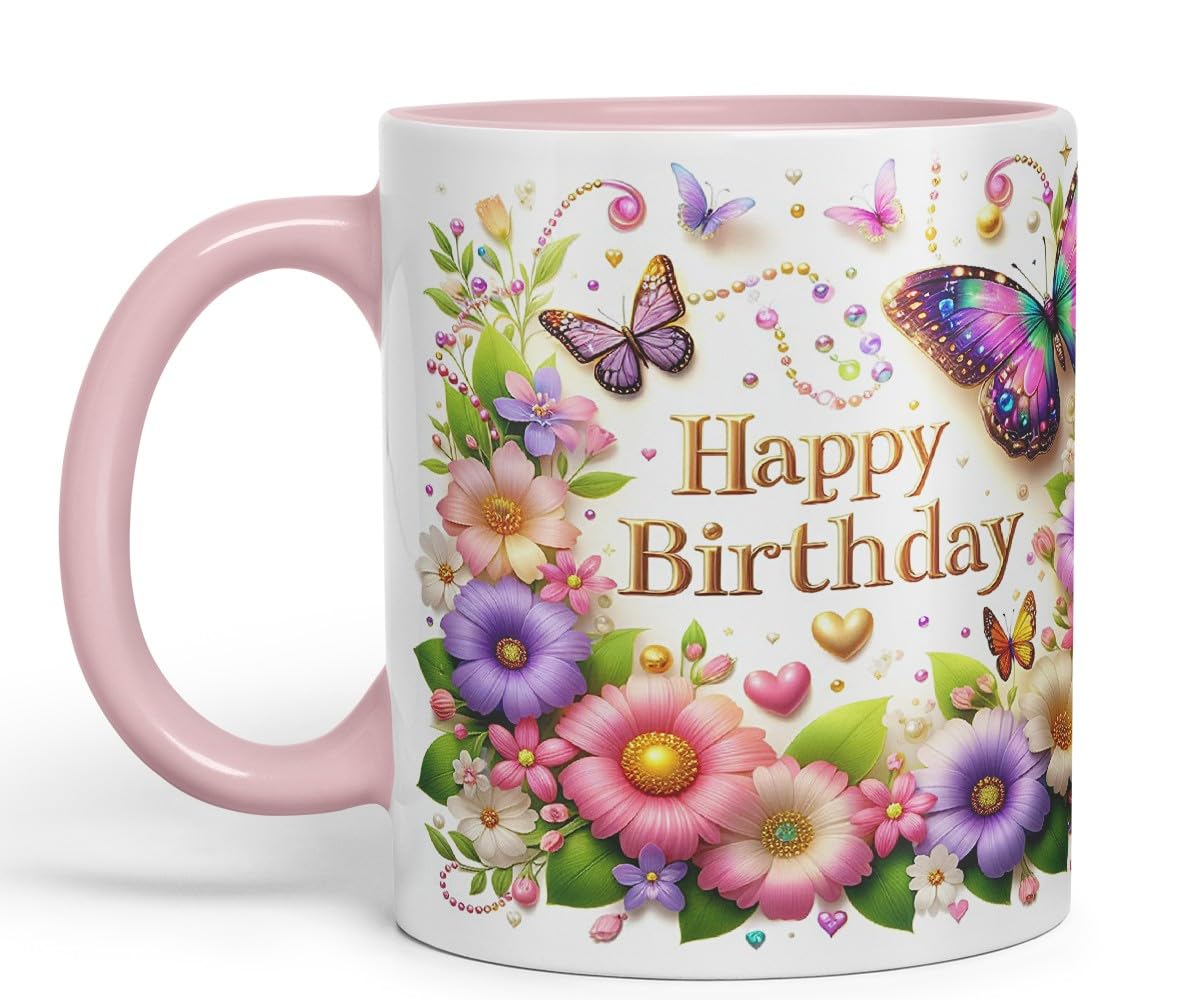 Vixar Happy Birthday Colourful Butterflies and Hearts Coloured Ceramic Mug Cup Gift 11oz V5 (Black)