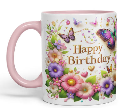 Vixar Happy Birthday Colourful Butterflies and Hearts Coloured Ceramic Mug Cup Gift 11oz V5 (Black)