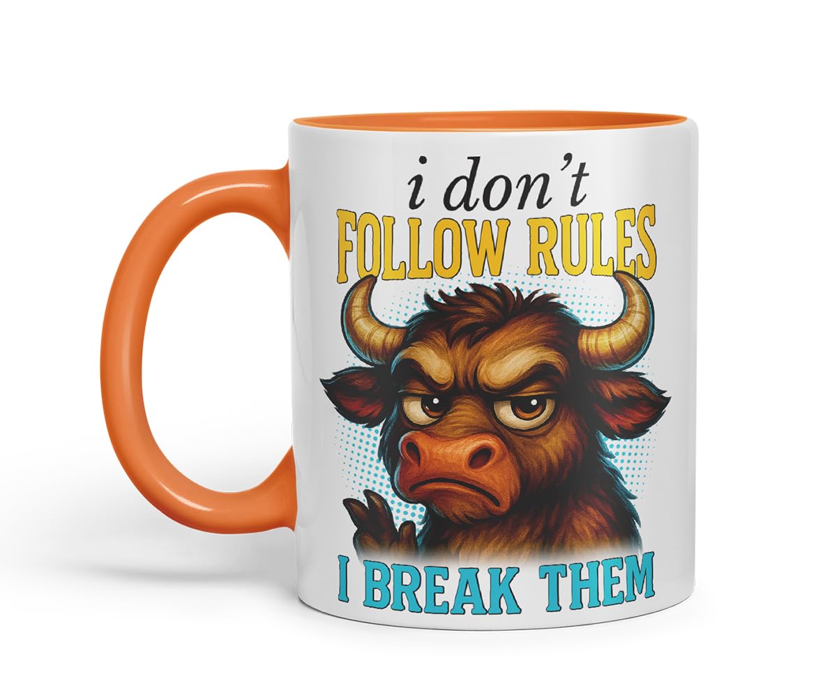 Vixar I Don't Follow Rules I Break Them Funny Bull Mug – Coloured Ceramic Mug Cup Gift, 11oz (Black)