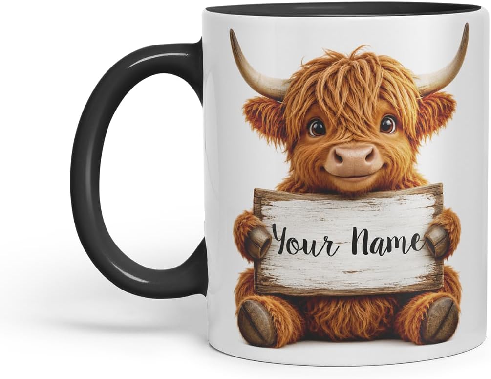 Vixar Personalised Highland Cow Mug with Name or Custom Message – Cute Animal Coloured Ceramic Mug Cup Gift, 11oz (Black)
