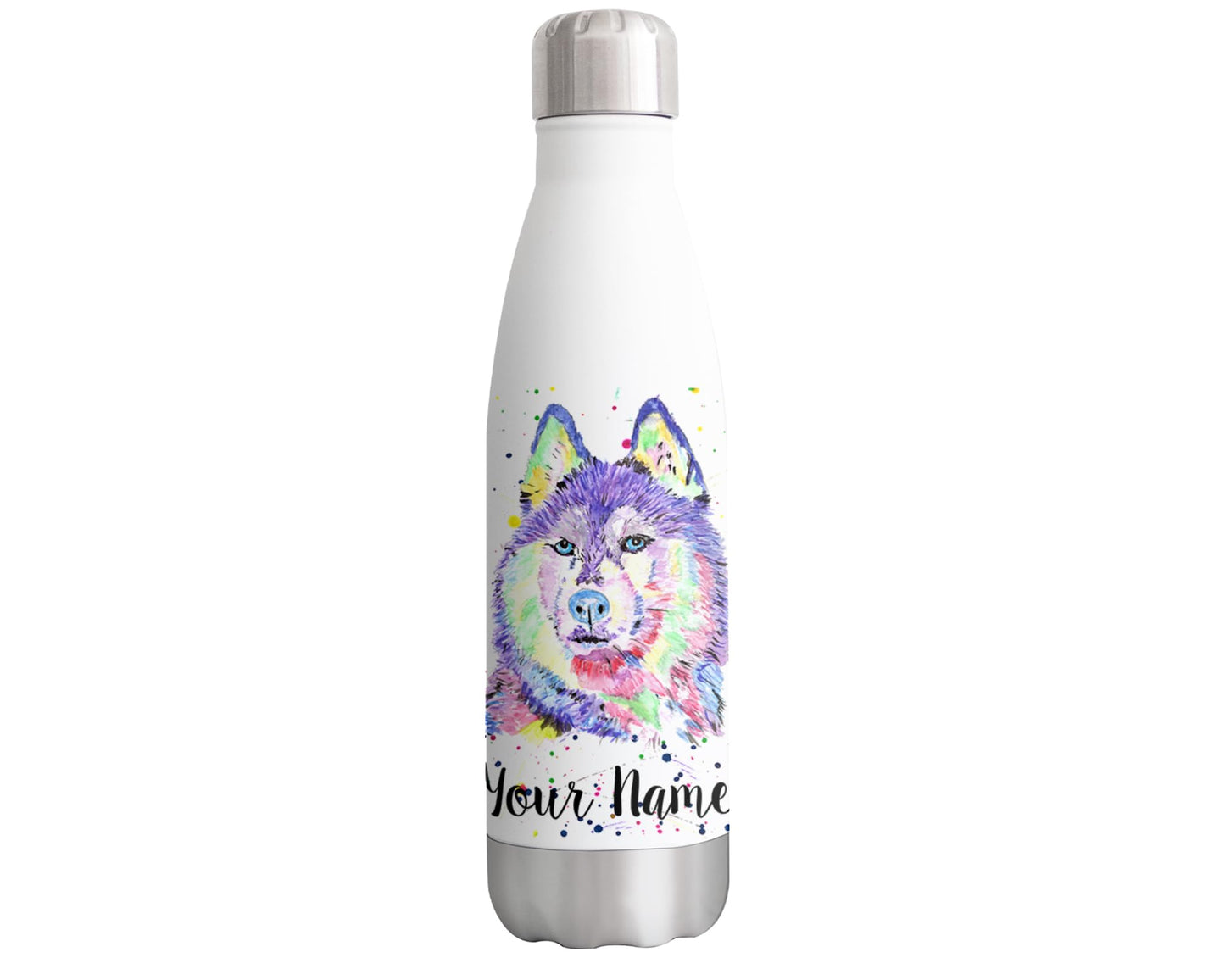 Husky Personalised Custom Bottle with Your Text/Name Snow Dog pet Animals Watercolour Animals Bottle Double Wall Insulated Stainless Steel Sport Drinks 500ml