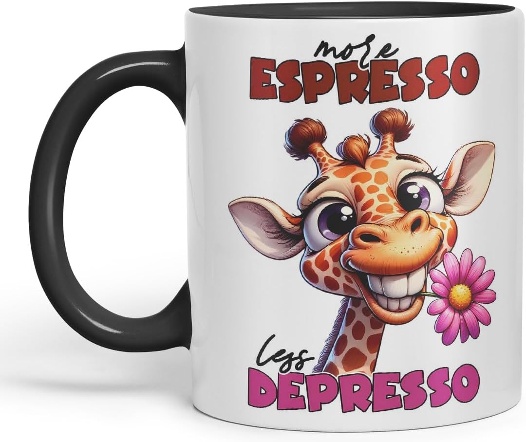 Vixar More Espresso, Less Depresso Sarcastic Giraffe Mug, Coloured Ceramic Cup 11oz (Black)