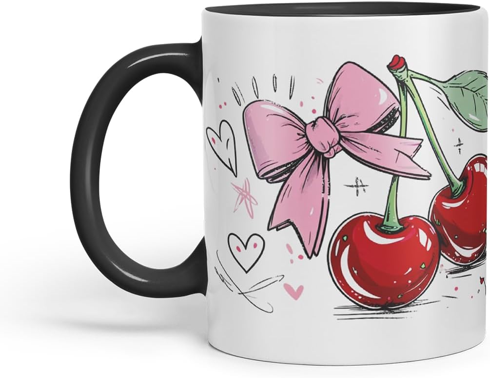 Vixar Cherry Pink Bow Mug – Coloured Ceramic Mug Cup Gift, 11oz (Black)
