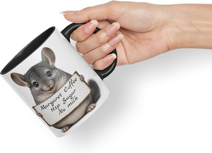 Vixar Personalised Chinchilla Mug with Name or Custom Message – Cute Animal Coloured Ceramic Mug Cup Gift, 11oz (Black)