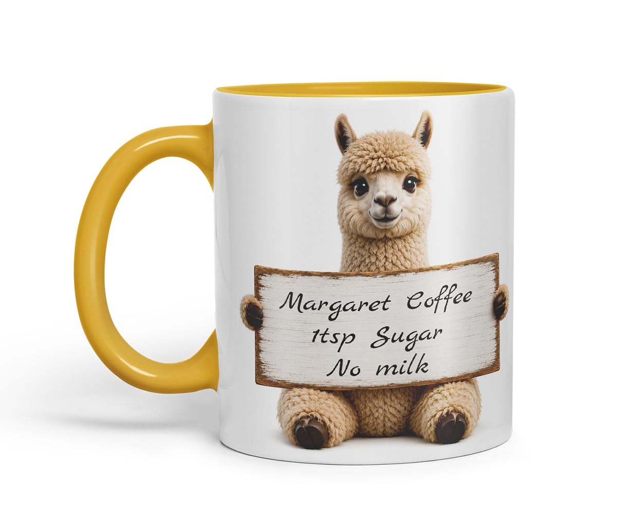 Vixar Personalised Alpaca Mug with Name or Custom Message – Cute Animal Coloured Ceramic Mug Cup Gift, 11oz (Black)