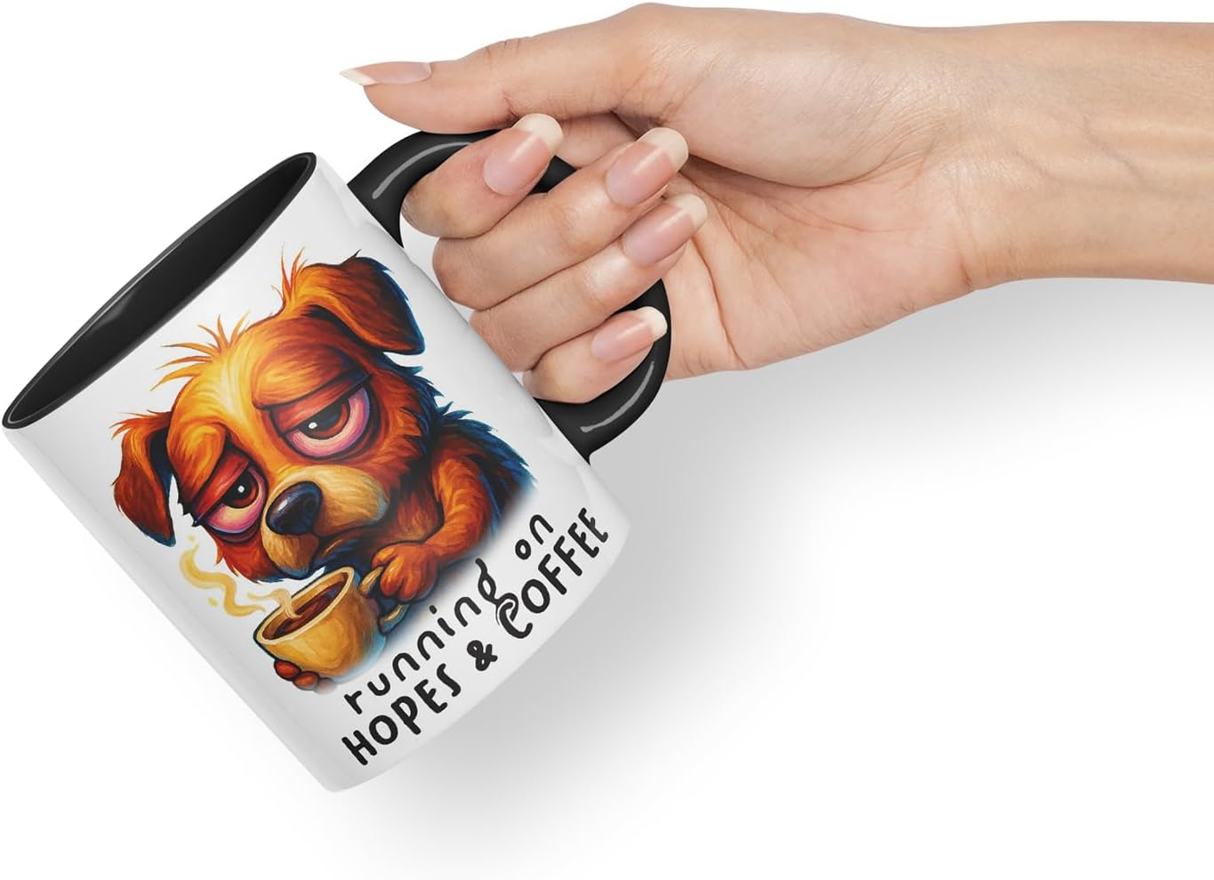 Vixar Running On Hopes and Coffee Funny Dog Mug – Coloured Ceramic Mug Cup Gift, 11oz (Black)