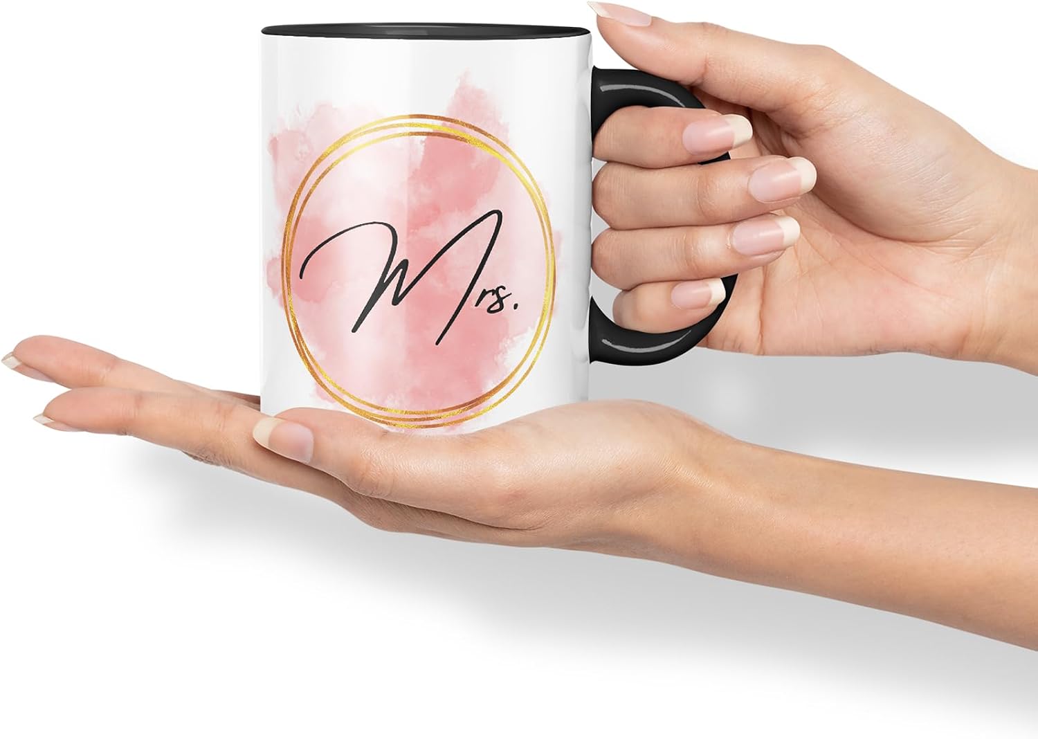 Vixar Mrs Watercolour Wedding Couple Mug – Coloured Ceramic Mug Cup Gift, 11oz (Black)