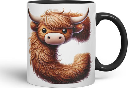 Highland Cow Alphabet Monogram Coloured Ceramic Cup Mug Letter C Rustic Farmhouse Animal Letter Gift V2 11oz (Black)
