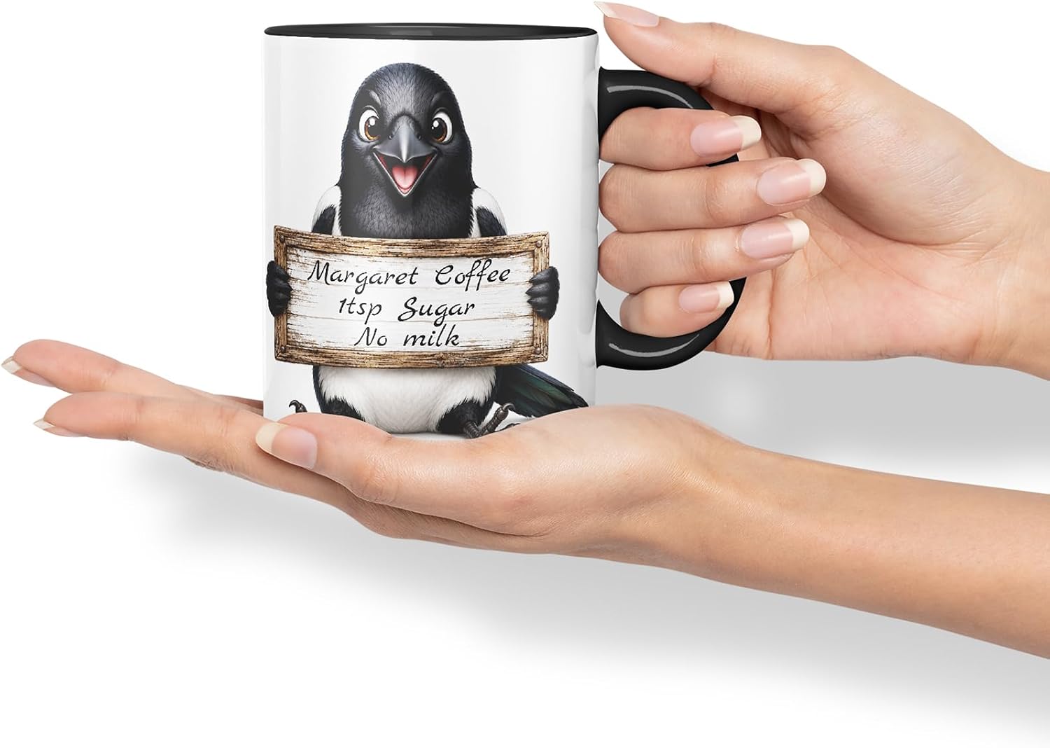 Vixar Personalised Magpie Mug with Name or Custom Message – Cute Animal Coloured Ceramic Mug Cup Gift, 11oz (Black)