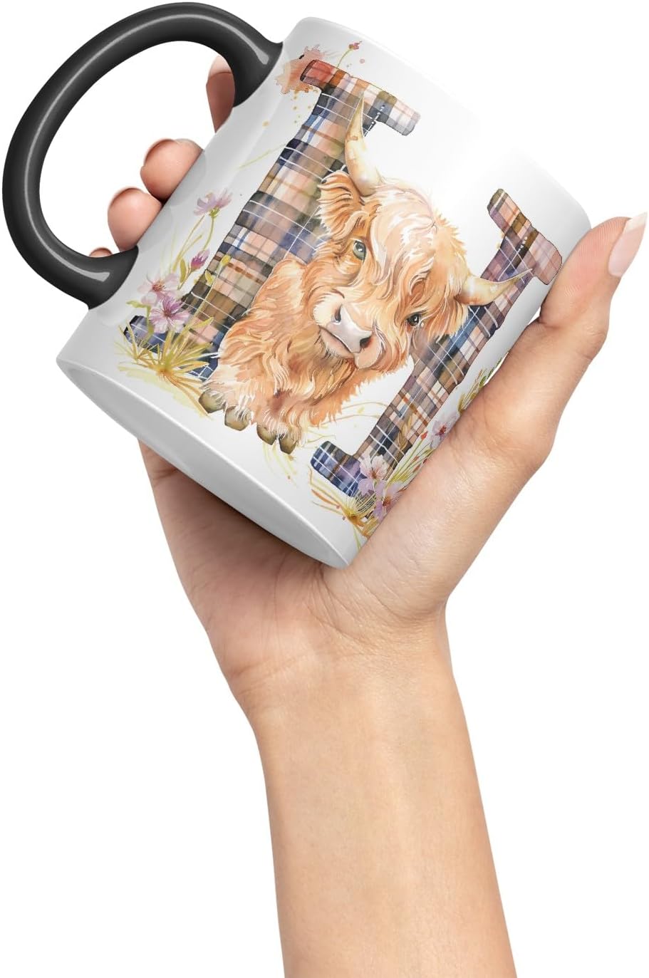 Vixar Highland Cow Alphabet Monogram Coloured Ceramic Cup Mug – Letter H – Rustic Farmhouse Animal Letter Gift – 11oz (Black)