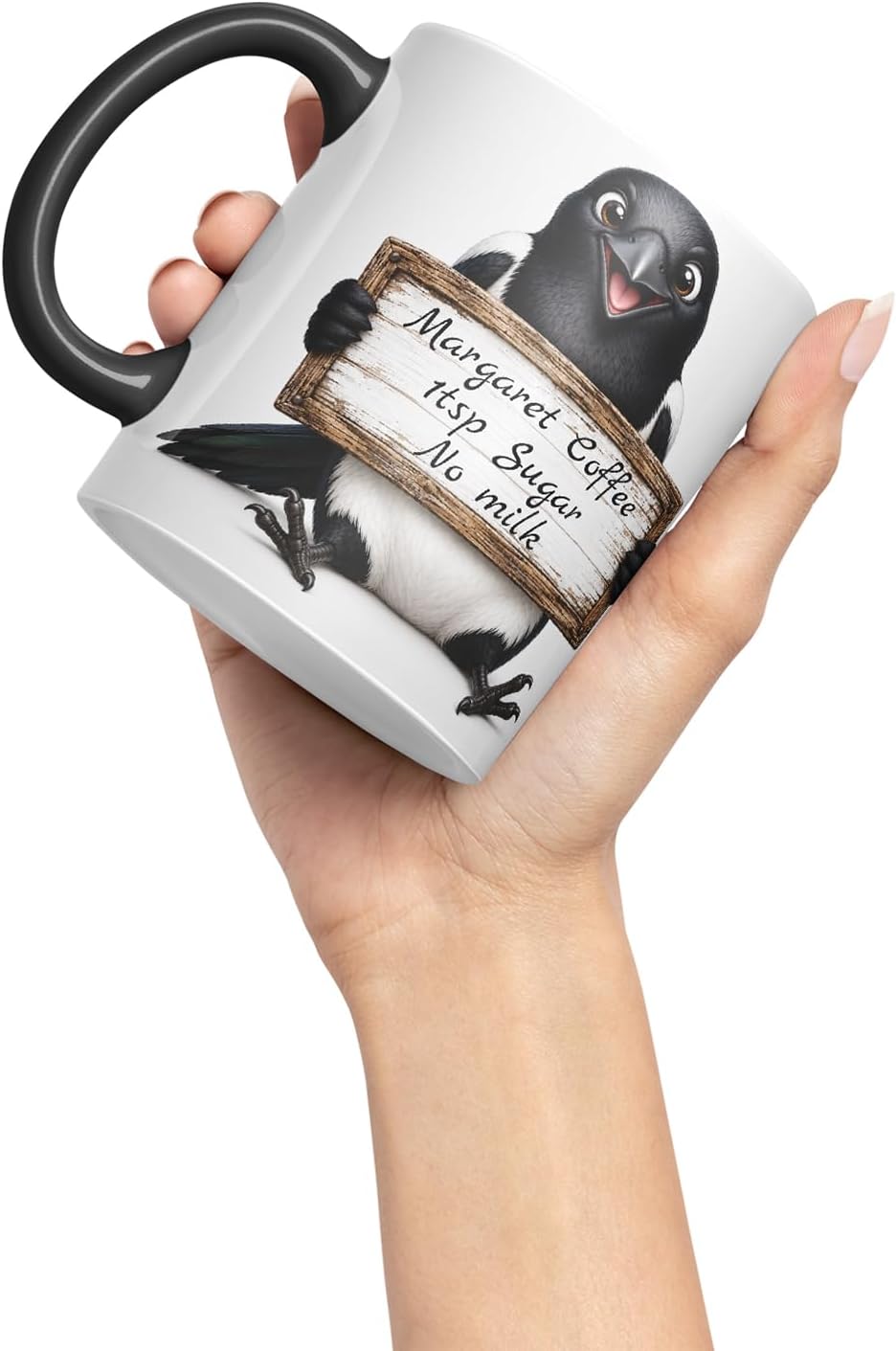 Vixar Personalised Magpie Mug with Name or Custom Message – Cute Animal Coloured Ceramic Mug Cup Gift, 11oz (Black)
