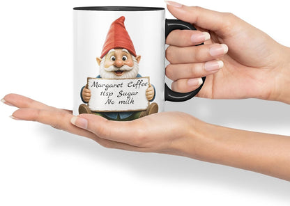 Vixar Personalised Gnome Mug with Name or Custom Message – Cute Animal Coloured Ceramic Mug Cup Gift, 11oz (Black)