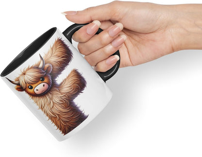 Highland Cow Alphabet Monogram Coloured Ceramic Cup Mug Letter F Rustic Farmhouse Animal Letter Gift V2 11oz (Black)