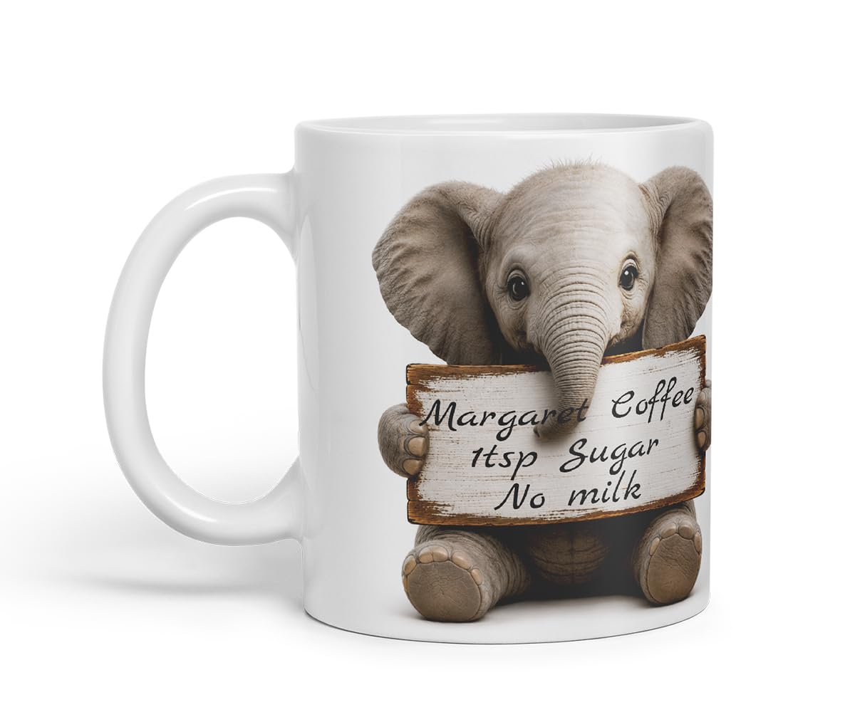 Vixar Personalised Elephant Mug with Name or Custom Message – Cute Animal Coloured Ceramic Mug Cup Gift, 11oz (Black)