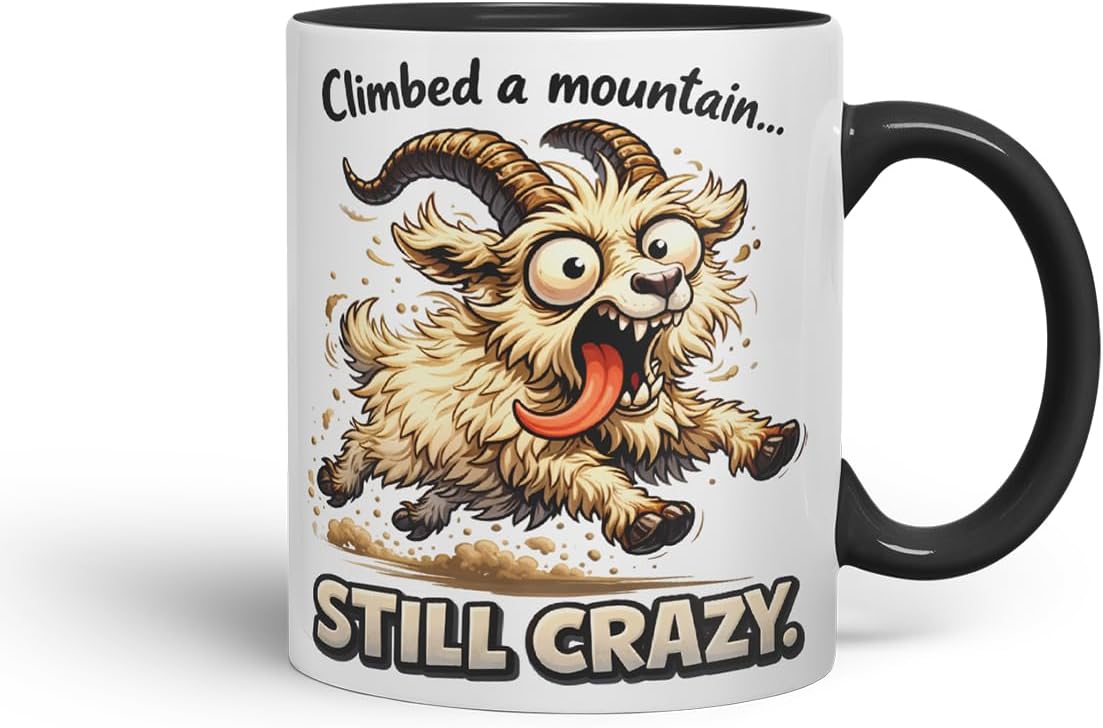 Vixar Climbed A Mountain Still Crazy Funny Goat Mug – Coloured Ceramic Mug Cup Gift, 11oz (Black)