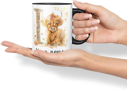 Vixar Personalised Highland Cow Initial Letter I Custom Name Mug – Coloured Ceramic Mug Cup Gift, 11oz (Black)