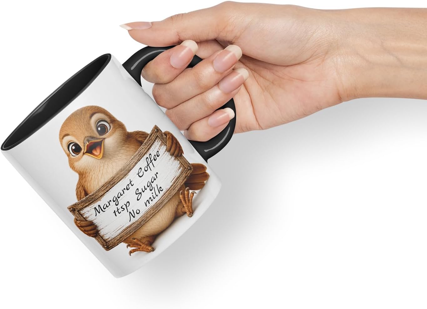 Vixar Personalised Nightingale Mug with Name or Custom Message – Cute Animal Coloured Ceramic Mug Cup Gift, 11oz (Black)
