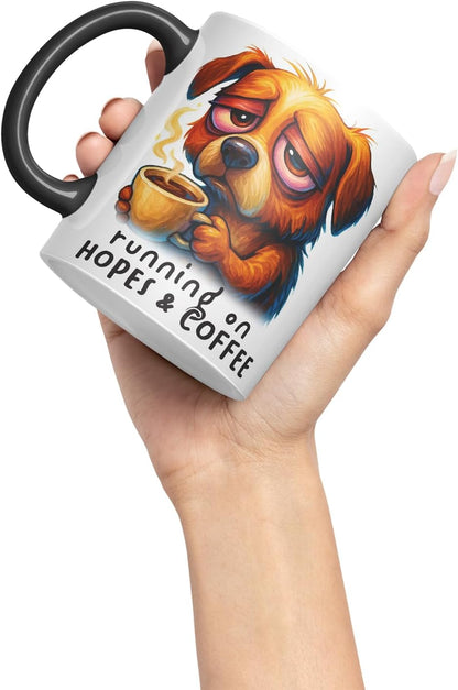 Vixar Running On Hopes and Coffee Funny Dog Mug – Coloured Ceramic Mug Cup Gift, 11oz (Black)