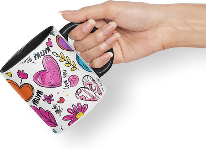 Vixar Mum Love You Colourful Hearts Pattern Mug – Coloured Ceramic Mug Cup Gift, 11oz (Black)
