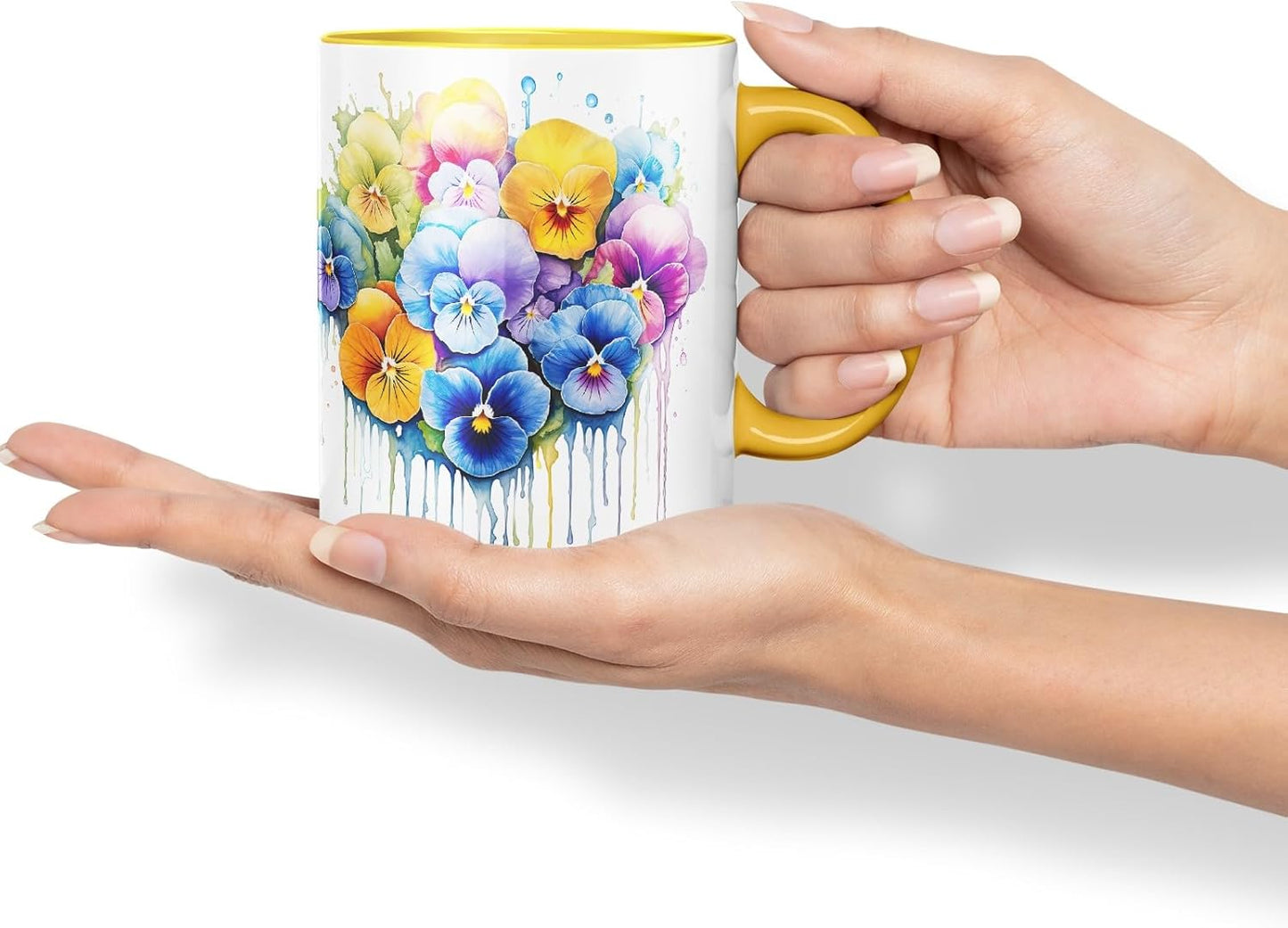 Vixar Pansy Cottage Garden Mug Coloured Ceramic Mug Cup Gift, 11oz (Gold Yellow)