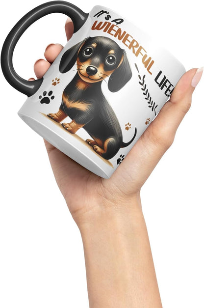 Vixar It’s A Wienerful Life Dachshund Dog Mug – Coloured Ceramic Mug Cup Gift, 11oz (Black)