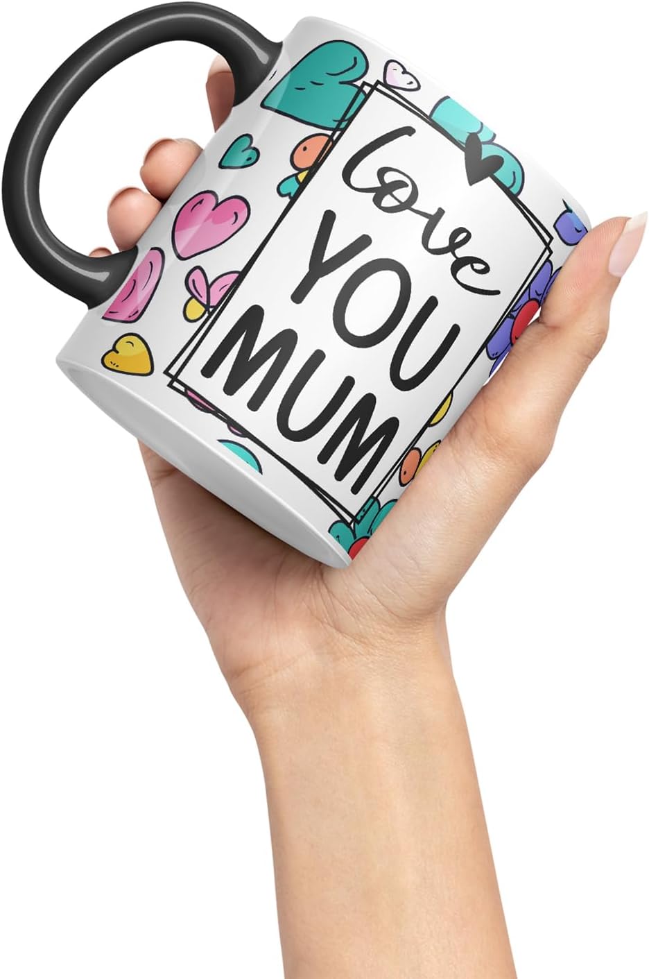 Vixar Love You Mum Colourful Flowers Mug – Coloured Ceramic Mug Cup Gift, 11oz (Black)