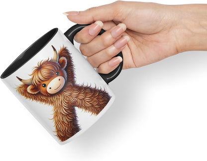 Highland Cow Alphabet Monogram Coloured Ceramic Cup Mug Letter X Rustic Farmhouse Animal Letter Gift V2 11oz (Black)