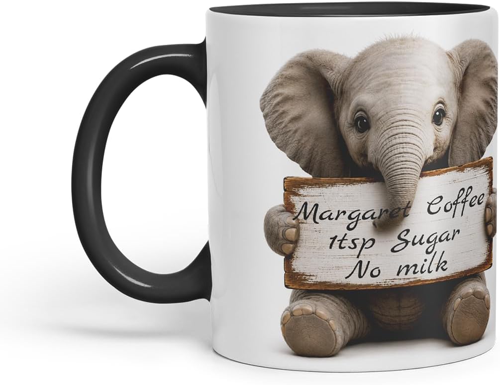Vixar Personalised Elephant Mug with Name or Custom Message – Cute Animal Coloured Ceramic Mug Cup Gift, 11oz (Black)