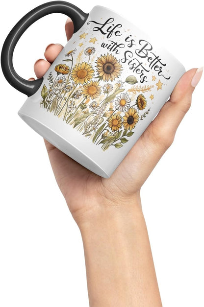 Vixar Life is Better with Sisters Coloured Mug Cup Floral Sister Gift 11oz (Black)