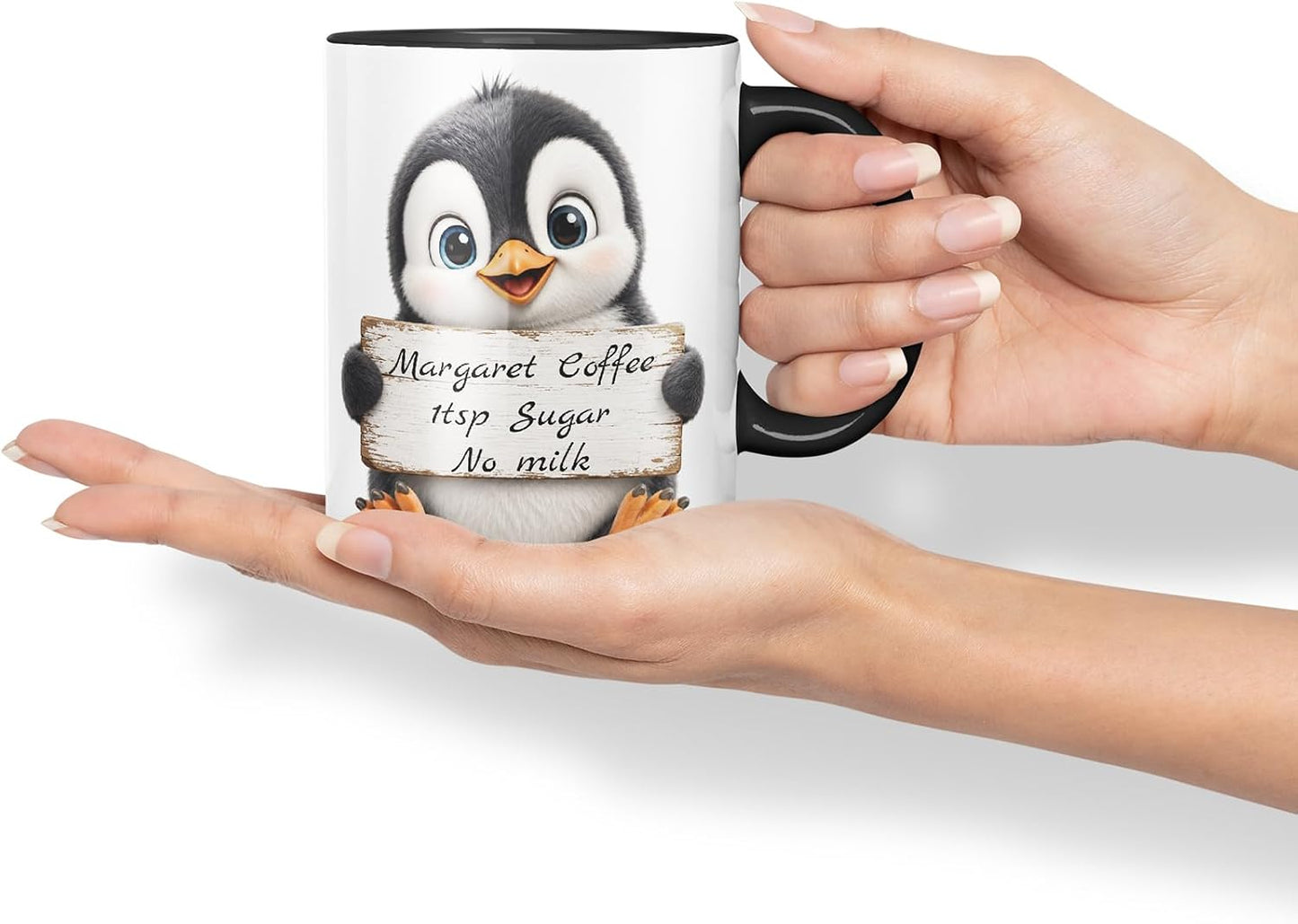 Vixar Personalised Penguin Mug with Name or Custom Message – Cute Animal Coloured Ceramic Mug Cup Gift, 11oz (Black)
