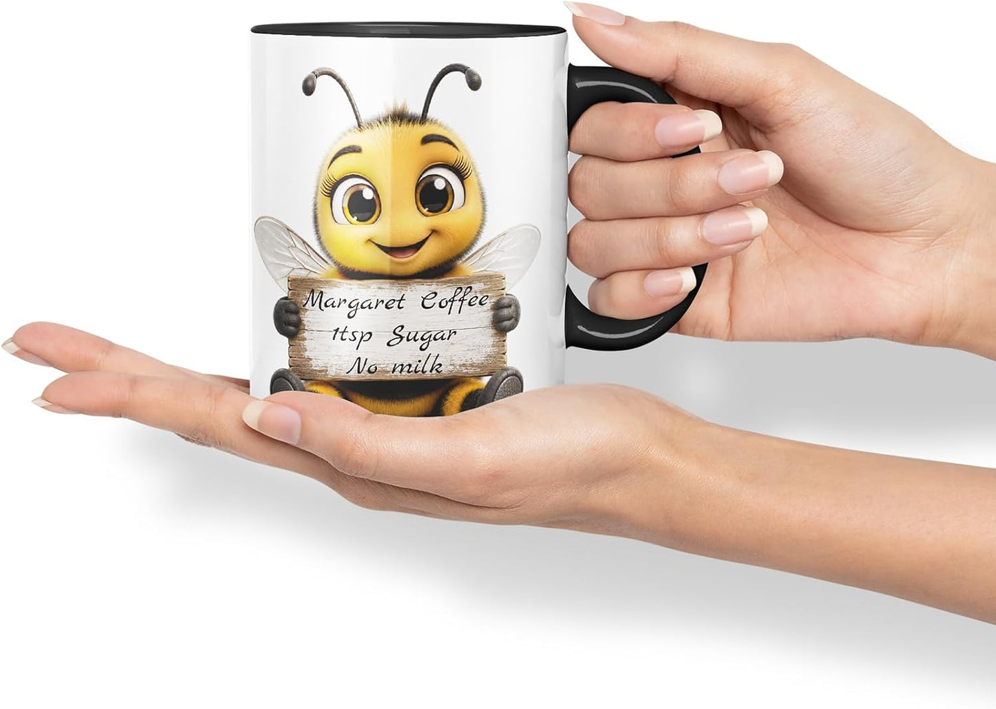 Vixar Personalised Bee Mug with Name or Custom Message – Cute Animal Coloured Ceramic Mug Cup Gift, 11oz (Black)